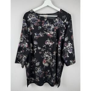 Chicos Top Womens Size XL 3 Black 1/2 Sleeve Floral Metallic Asymmetrical Neck